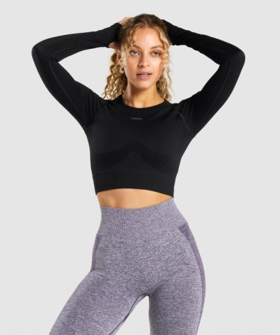 Black / Grey Gymshark Flex Sports Crop Top Women's Sweatshirts | US-47RUXHJ