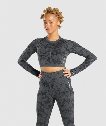 Black Gymshark Adapt Camo Seamless Crop Top Women's T Shirts | US-20THPRU