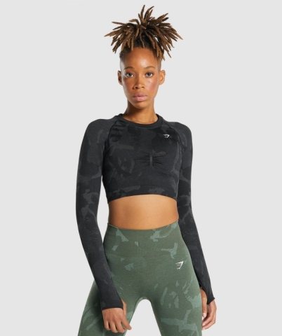 Black Gymshark Adapt Camo Seamless Crop Top Women's Sweatshirts | US-91JLFAW