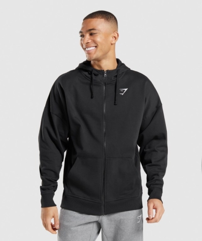 Black Gymshark Essential Oversized Zip Up Men's Hoodies | US-04SCWJT