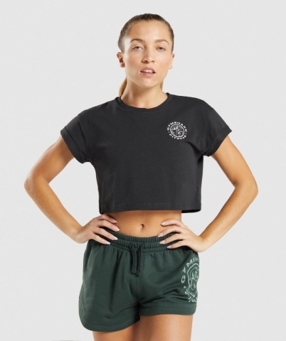 Black Gymshark Legacy Graphic Crop Women's T Shirts | US-09FIRDN