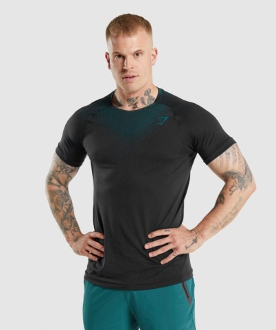 Black / Turquoise Gymshark Apex Contrast Men's T Shirts | US-70XRDGC