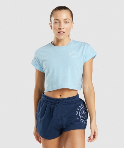 Blue Gymshark Legacy Graphic Crop Women's T Shirts | US-18AXVNZ