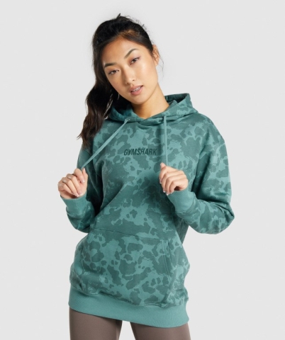 Dark Green Gymshark Camo Graphic Oversized Women's Hoodies | US-19VJFRP