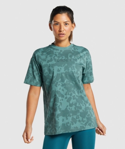 Dark Green Gymshark Camo Graphic Oversized Women's T Shirts | US-76VRUQC