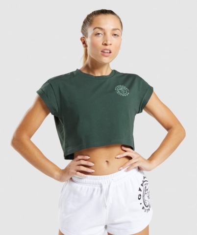 Dark Green Gymshark Legacy Graphic Crop Women's T Shirts | US-49ILYGW