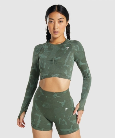 Green Gymshark Adapt Camo Seamless Crop Top Women's T Shirts | US-21BXHKT