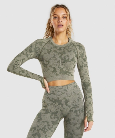 Green Gymshark Adapt Camo Seamless Crop Top Women's T Shirts | US-43CUJMH