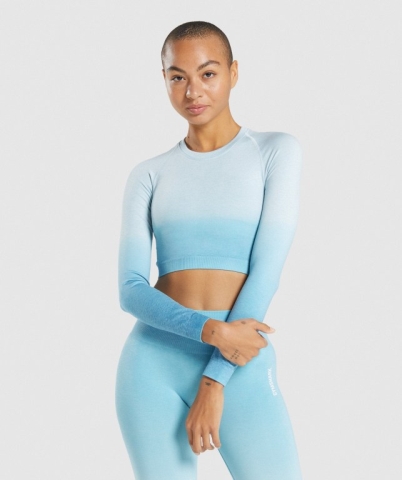 Light Blue / Light Blue Gymshark Adapt Ombre Seamless Crop Top Women's Sweatshirts | US-74AZRUW