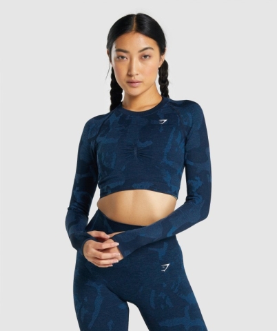 Navy Gymshark Adapt Camo Seamless Crop Top Women's T Shirts | US-05BICLX