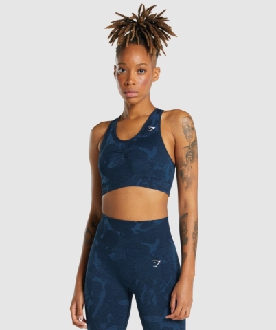 Navy Gymshark Adapt Camo Seamless Racer Back Women's Sports Bra | US-15XCRHS