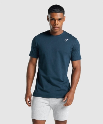 Navy Gymshark Crest Men's T Shirts | US-20BVWCP