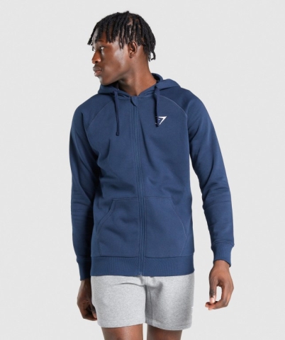 Navy Gymshark Crest Zip Up Men's Hoodies | US-64VNUMS