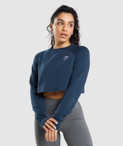 Navy Gymshark Training Cropped Sweater Women's Hoodies | US-98HCKYG