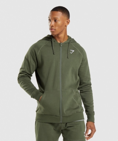 Olive Gymshark Crest Zip Up Men's Hoodies | US-84SVCPJ