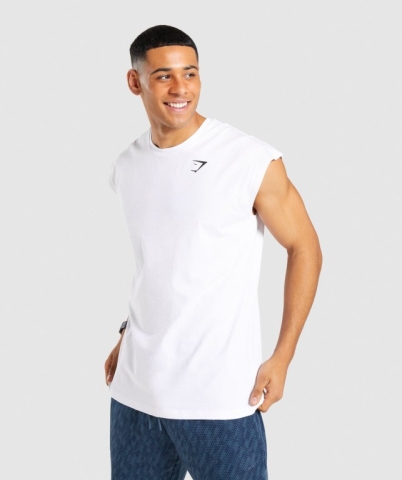 White Gymshark Critical Cut Off Sleeveless Men's T Shirts | US-69HQFNJ