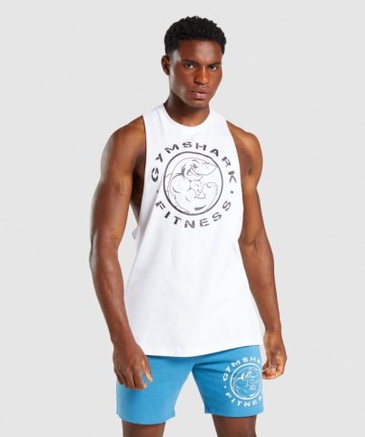 White Gymshark Legacy Drop Arm Men's Tank Tops | US-16GWQJB