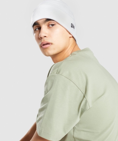 White Gymshark New Era Sharkhead Cuff Knit Men's Headwear | US-90CUQKY