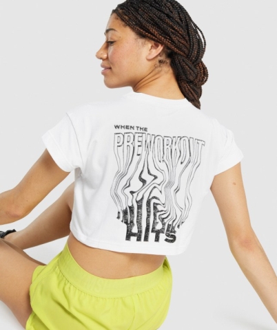 White Gymshark Pre-Workout Graphic Crop Women's T Shirts | US-43SHPXU