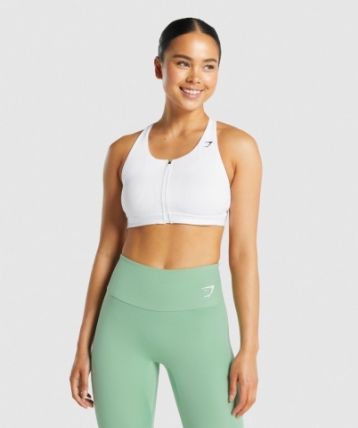 White Gymshark Zip Up Training Women's Sports Bra | US-71ODPIZ