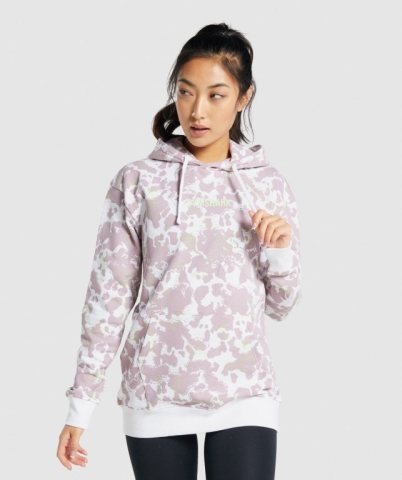 White / Purple Gymshark Camo Graphic Oversized Women's Hoodies | US-61UBSKI