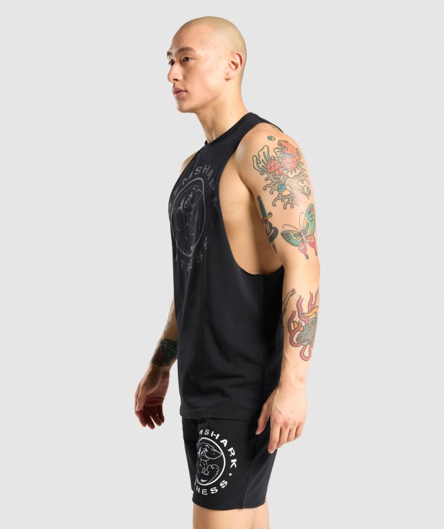 Black / Black Gymshark Legacy Drop Arm Men's Tank Tops | US-15NUIFT