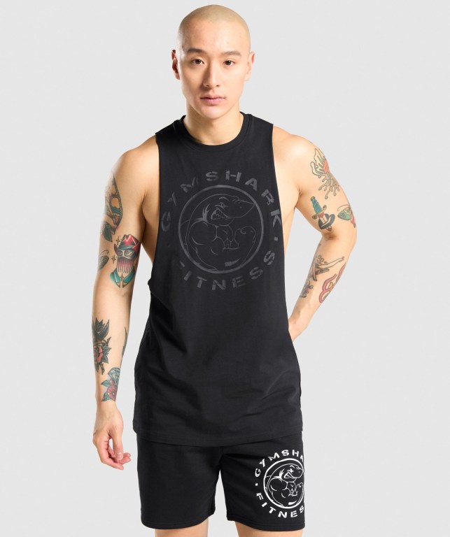 Black / Black Gymshark Legacy Drop Arm Men\'s Tank Tops | US-15NUIFT