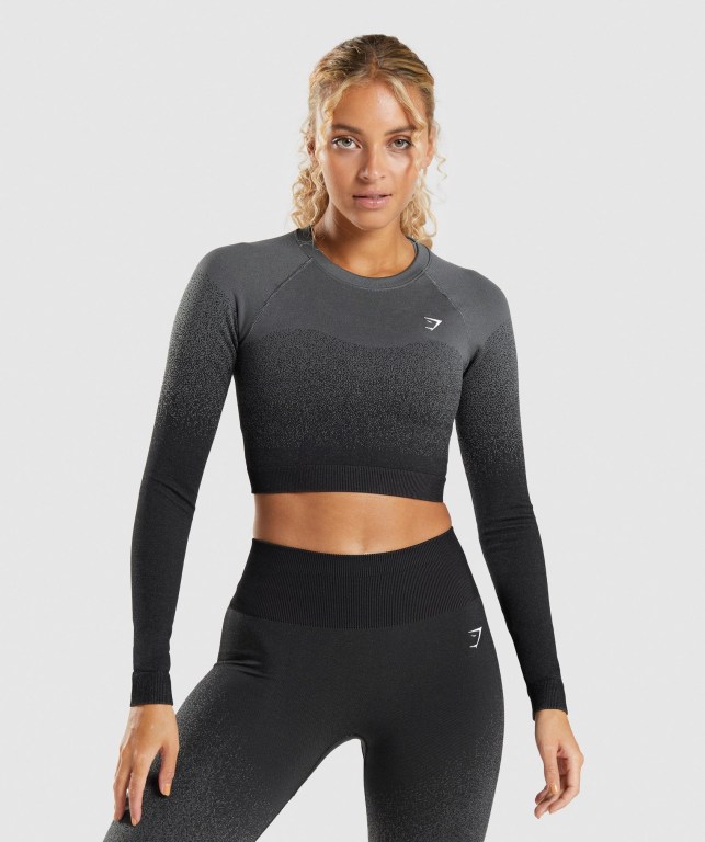 Black / Grey Gymshark Adapt Ombre Seamless Crop Top Women\'s Sweatshirts | US-69ZWUYN