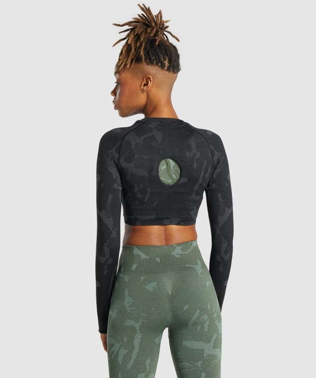 Black Gymshark Adapt Camo Seamless Crop Top Women's T Shirts | US-43YOTHP