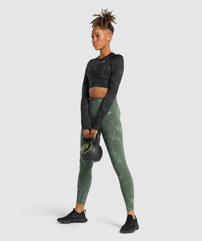 Black Gymshark Adapt Camo Seamless Crop Top Women's T Shirts | US-43YOTHP