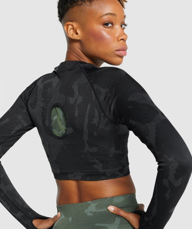 Black Gymshark Adapt Camo Seamless Crop Top Women's T Shirts | US-43YOTHP