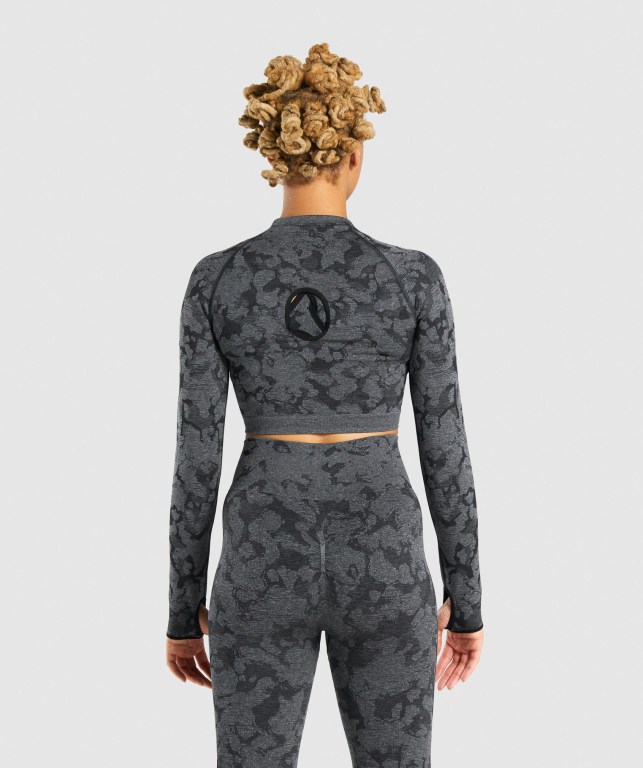 Black Gymshark Adapt Camo Seamless Crop Top Women's Sweatshirts | US-81NLFIV