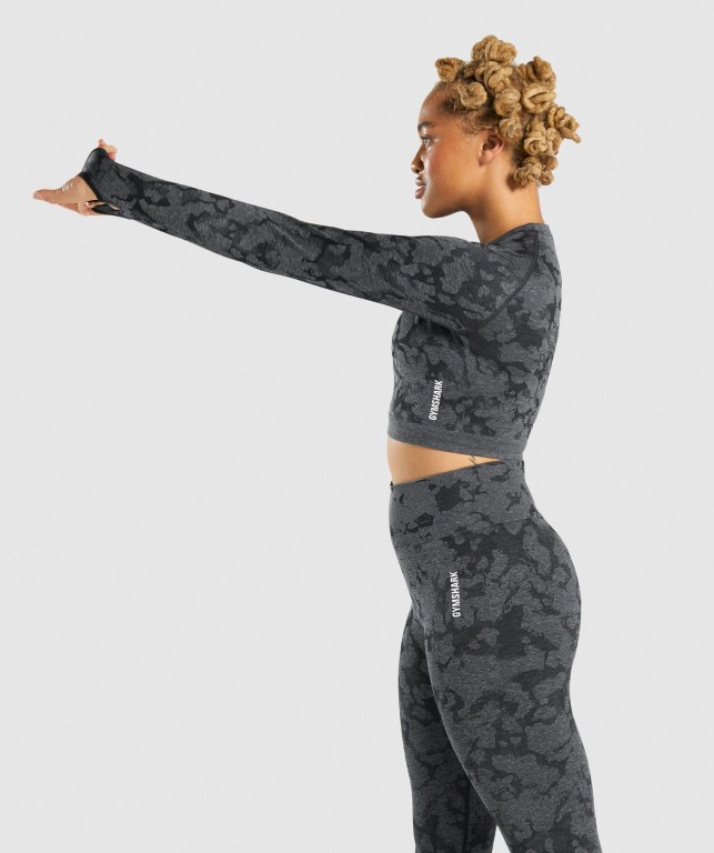 Black Gymshark Adapt Camo Seamless Crop Top Women's Sweatshirts | US-81NLFIV