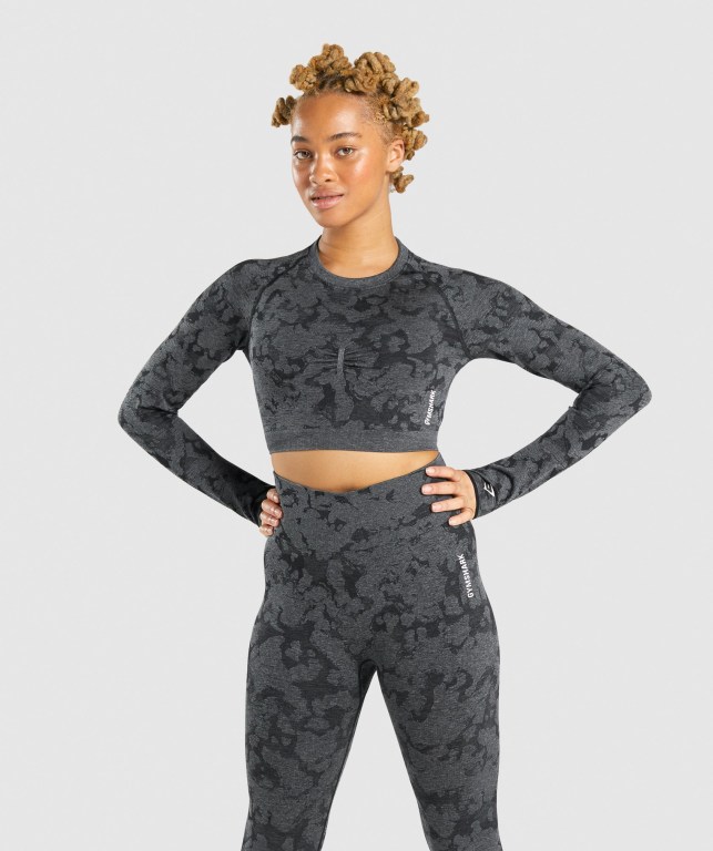 Black Gymshark Adapt Camo Seamless Crop Top Women\'s Sweatshirts | US-81NLFIV