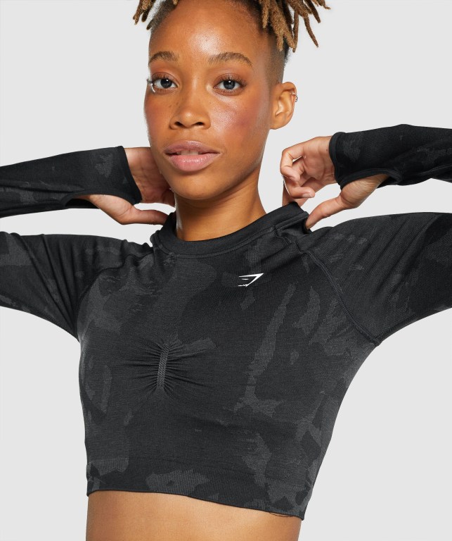 Black Gymshark Adapt Camo Seamless Crop Top Women's Sweatshirts | US-91JLFAW