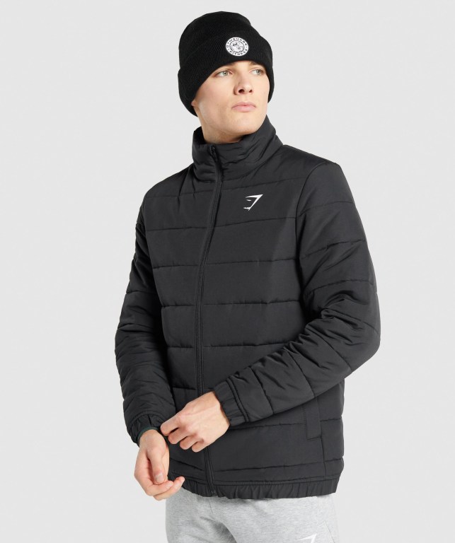 Black Gymshark Crest Puffer Men\'s Jackets | US-02PVAKH