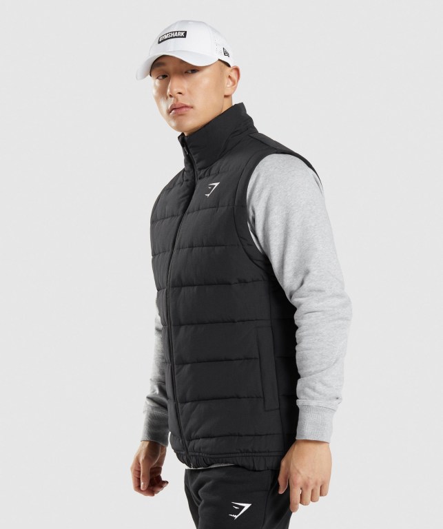 Black Gymshark Crest Puffer Vest Men's Jackets | US-25ALMFO