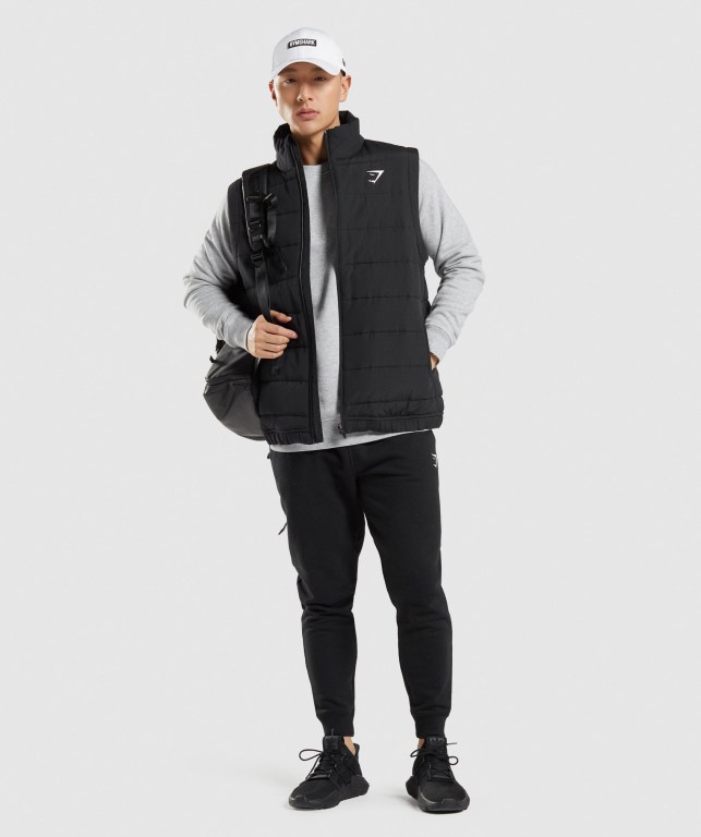 Black Gymshark Crest Puffer Vest Men's Jackets | US-25ALMFO