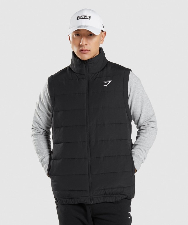 Black Gymshark Crest Puffer Vest Men\'s Jackets | US-25ALMFO