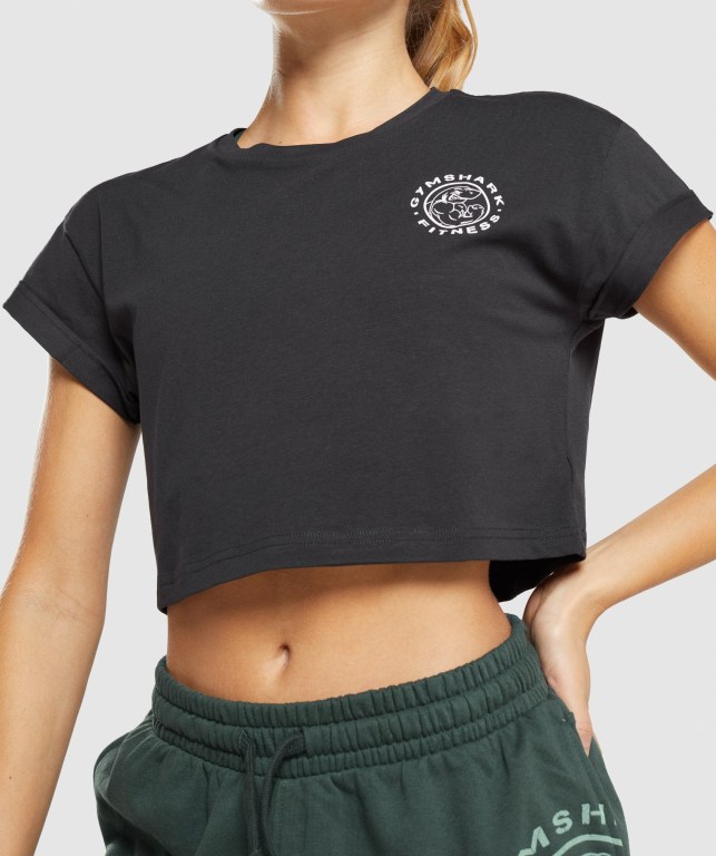 Black Gymshark Legacy Graphic Crop Women's T Shirts | US-09FIRDN