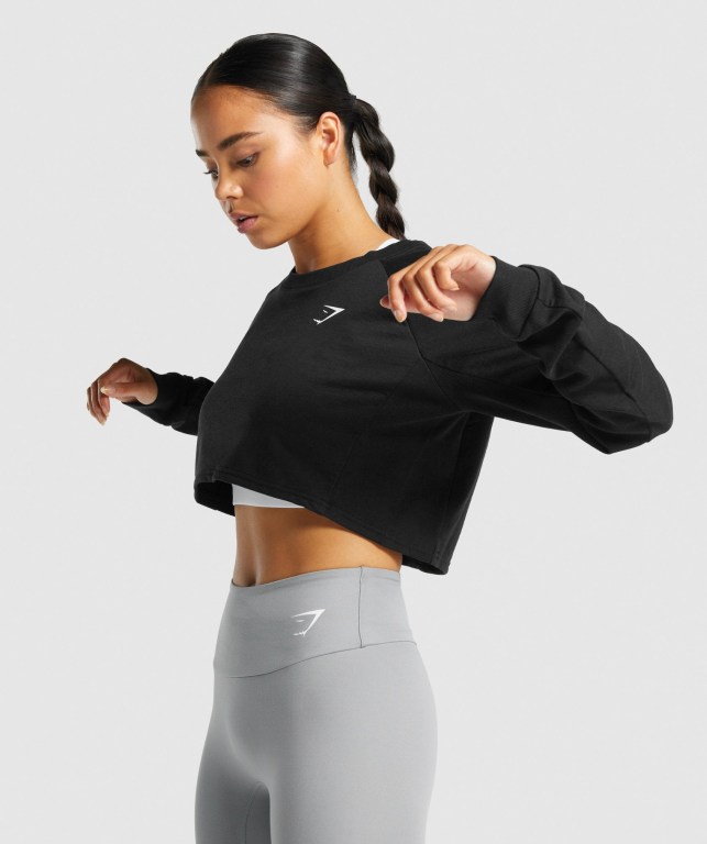 Black Gymshark Training Cropped Sweater Women's Hoodies | US-09AQSRJ