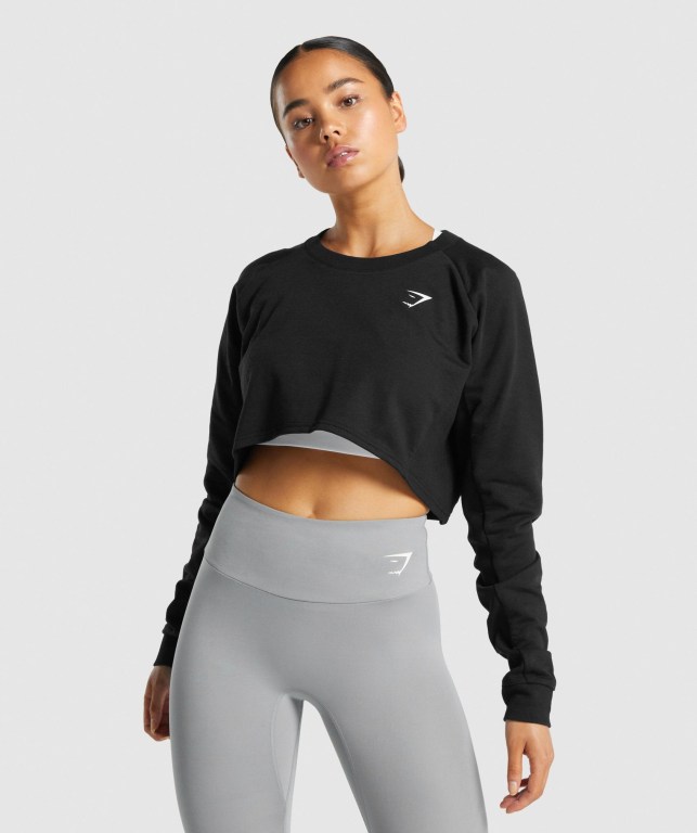 Black Gymshark Training Cropped Sweater Women\'s Hoodies | US-09AQSRJ