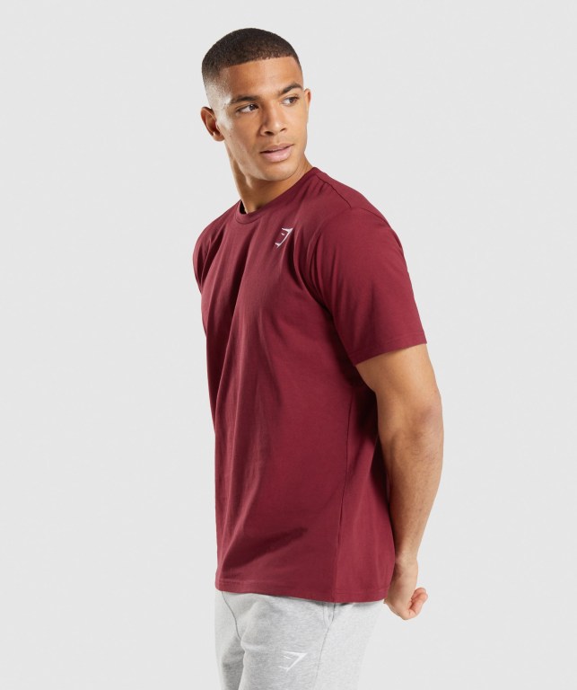 Burgundy Red Gymshark Crest Men's T Shirts | US-45HWVEZ