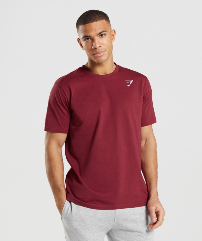 Burgundy Red Gymshark Crest Men\'s T Shirts | US-45HWVEZ