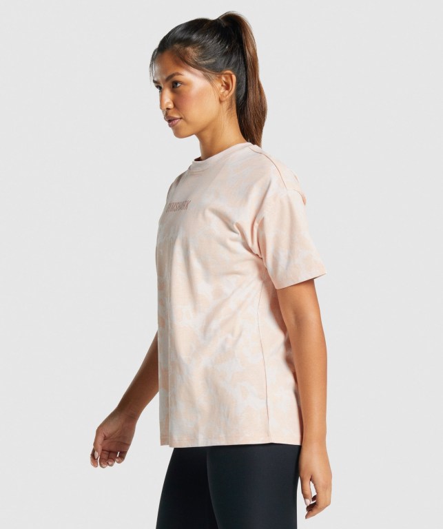 Cream / Light Brown Gymshark Camo Graphic Oversized Women's T Shirts | US-25RPXYO