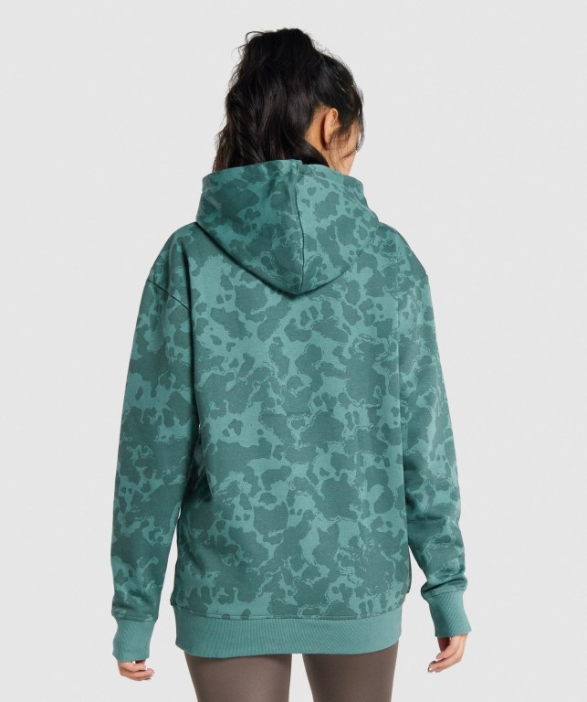 Dark Green Gymshark Camo Graphic Oversized Women's Hoodies | US-19VJFRP