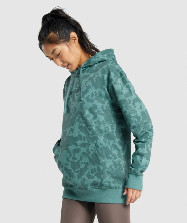 Dark Green Gymshark Camo Graphic Oversized Women's Hoodies | US-19VJFRP