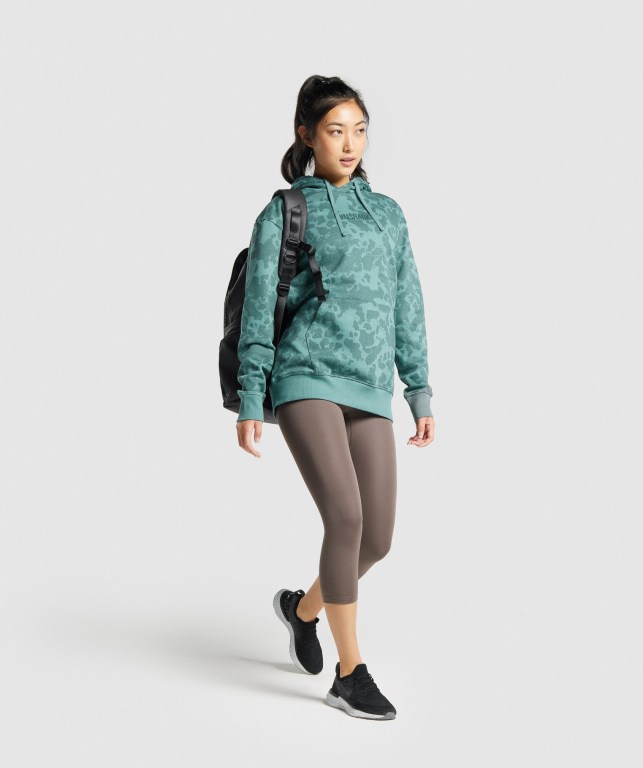 Dark Green Gymshark Camo Graphic Oversized Women's Hoodies | US-19VJFRP