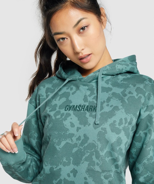 Dark Green Gymshark Camo Graphic Oversized Women's Hoodies | US-19VJFRP