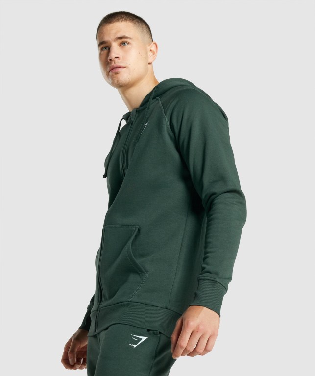 Dark Green Gymshark Crest Zip Up Men's Hoodies | US-71BNLYG